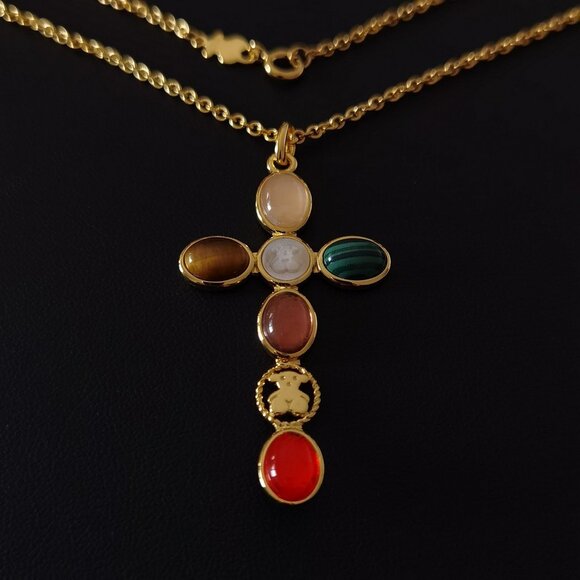 Tous Silver-Gold-Plated Cross Colored Gemstone Necklace - Picture 2 of 9
